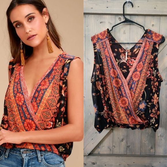 Free People Tops - Free People Havana Black Floral Print Sleeveless Surplice Top Size Small